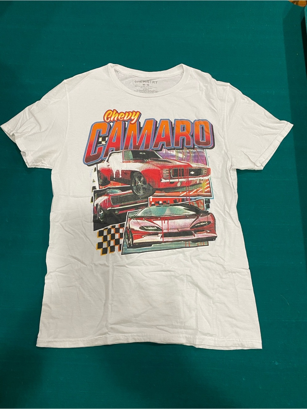 White Short Sleeve Chevy Camaro Graphic Tee with Red Accents